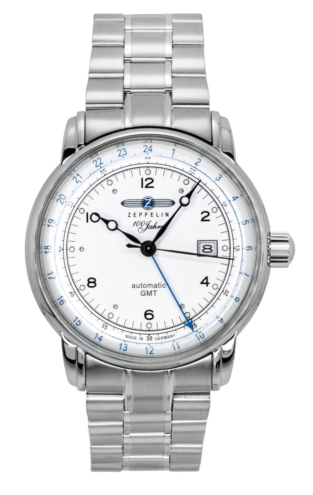 Zeppelin 100 Jahre GMT Edelstahl Silberfarbenes Zifferblatt Automatik 8666MB1 Herrenuhr