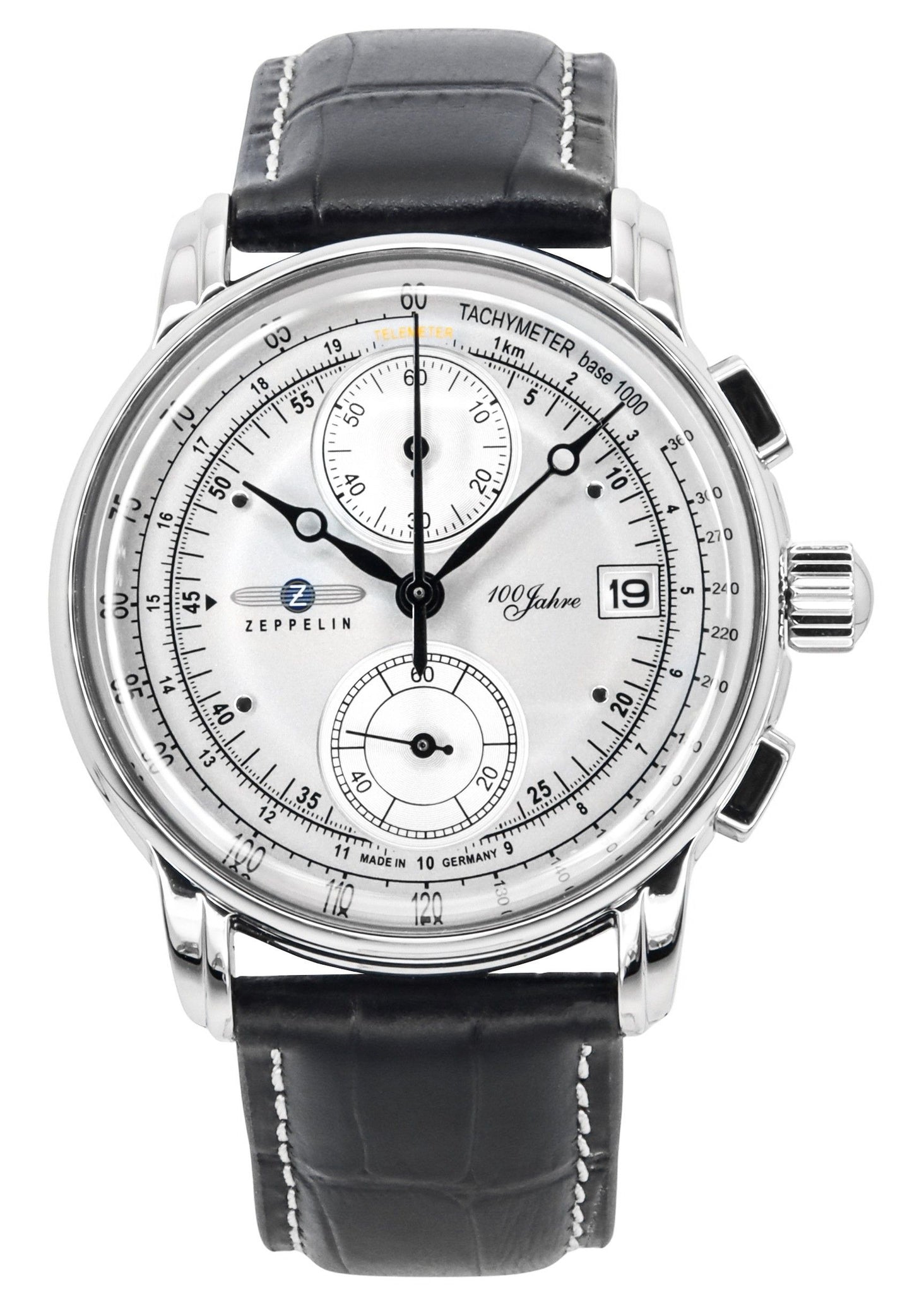 Zeppelin 100 Jahre Chronograph Lederarmband Silberfarbenes Zifferblatt Quarz 86701 Herrenuhr