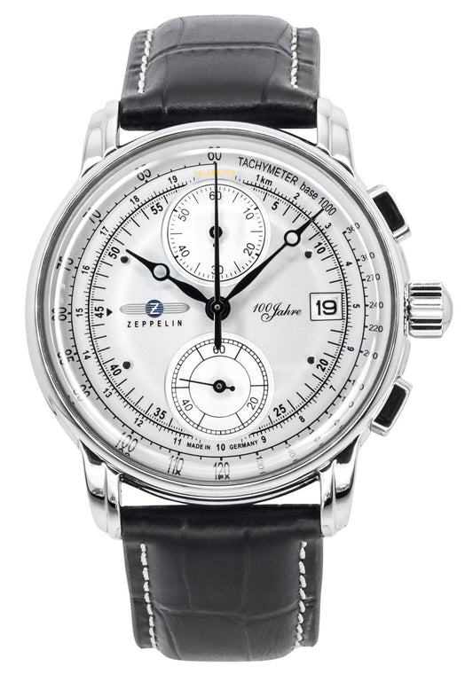 Zeppelin 100 Jahre Chronograph Lederarmband Silberfarbenes Zifferblatt Quarz 86701 Herrenuhr