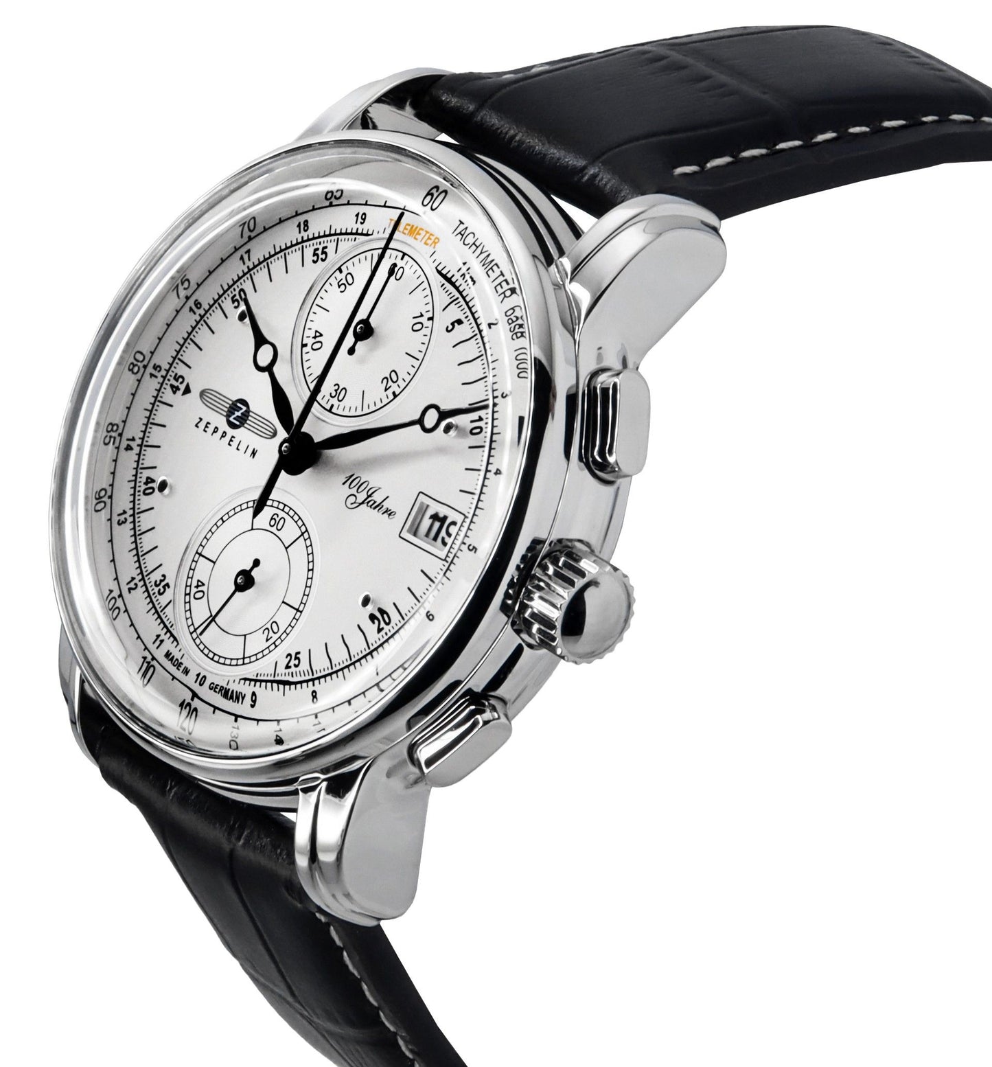 Zeppelin 100 Jahre Chronograph Lederarmband Silberfarbenes Zifferblatt Quarz 86701 Herrenuhr