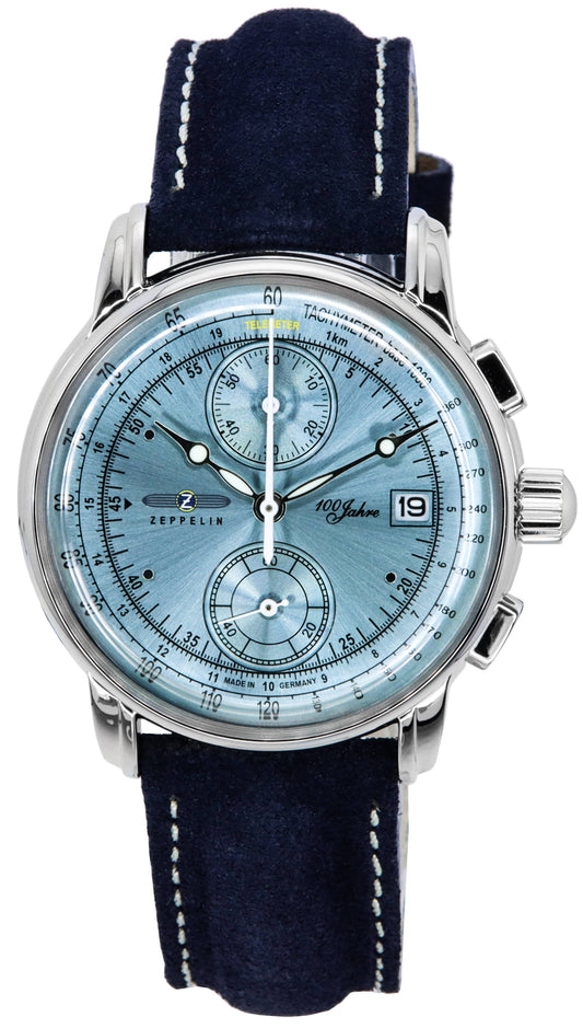 Zeppelin 100 Jahre Chronograph Lederarmband Ice Blaues Zifferblatt Quarz 86704 Herrenuhr