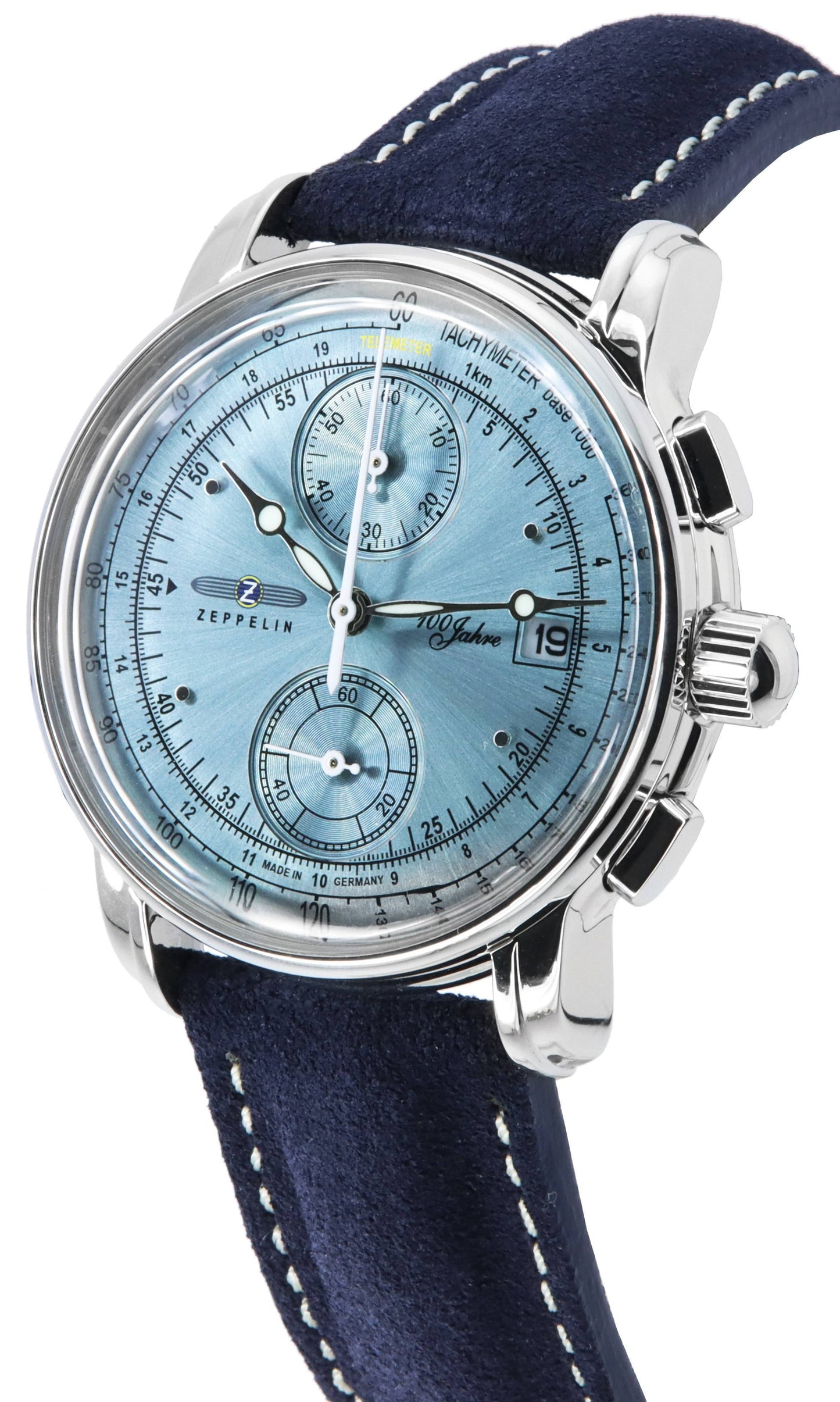 Zeppelin 100 Jahre Chronograph Lederarmband Ice Blaues Zifferblatt Quarz 86704 Herrenuhr