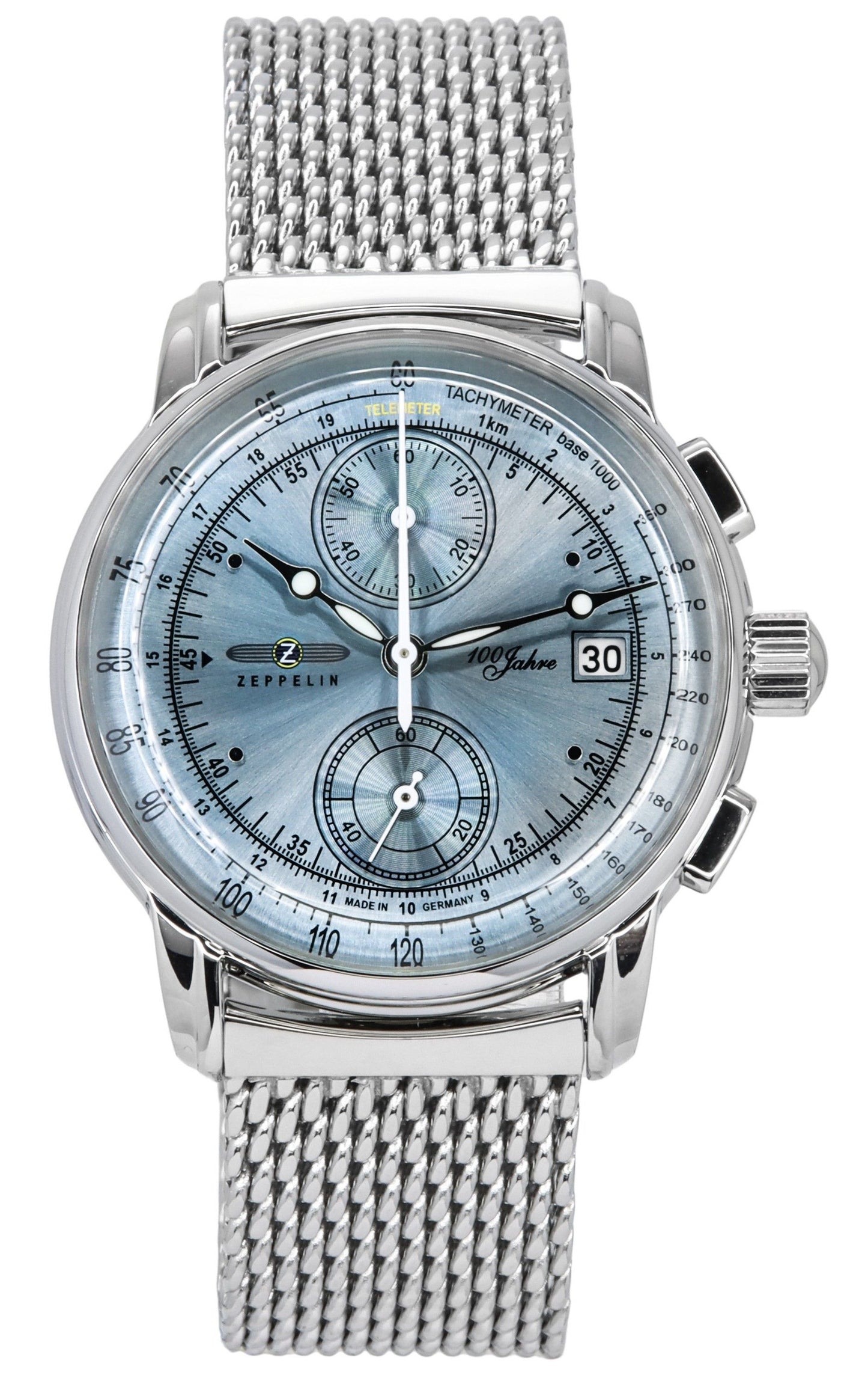 Zeppelin 100 Jahre Ed 1 Chronograph Ice Blaues Zifferblatt Quarz 8670M4 Herrenuhr