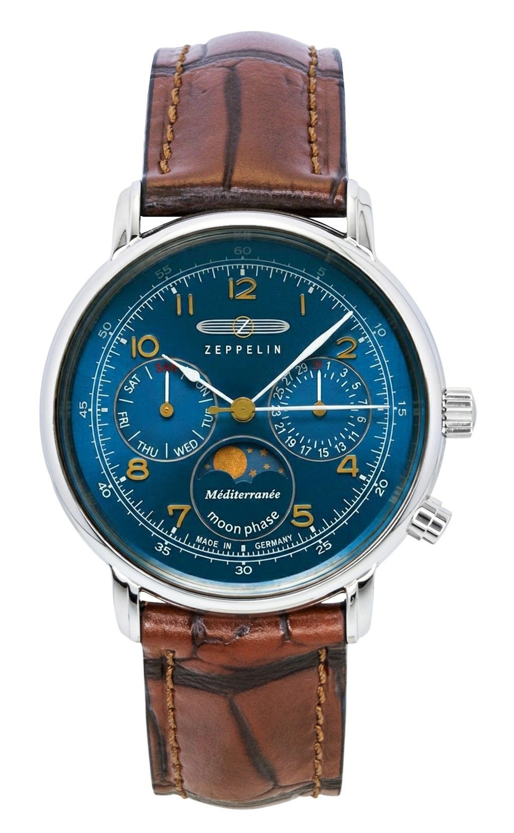 Zeppelin 100 Jahre Mediterranee Moonphase Lederarmband Blaues Zifferblatt Quarz 96373 Herrenuhr