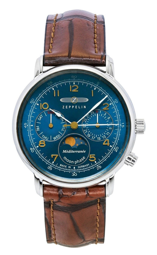 Zeppelin 100 Jahre Mediterranee Moonphase Lederarmband Blaues Zifferblatt Quarz 96373 Herrenuhr