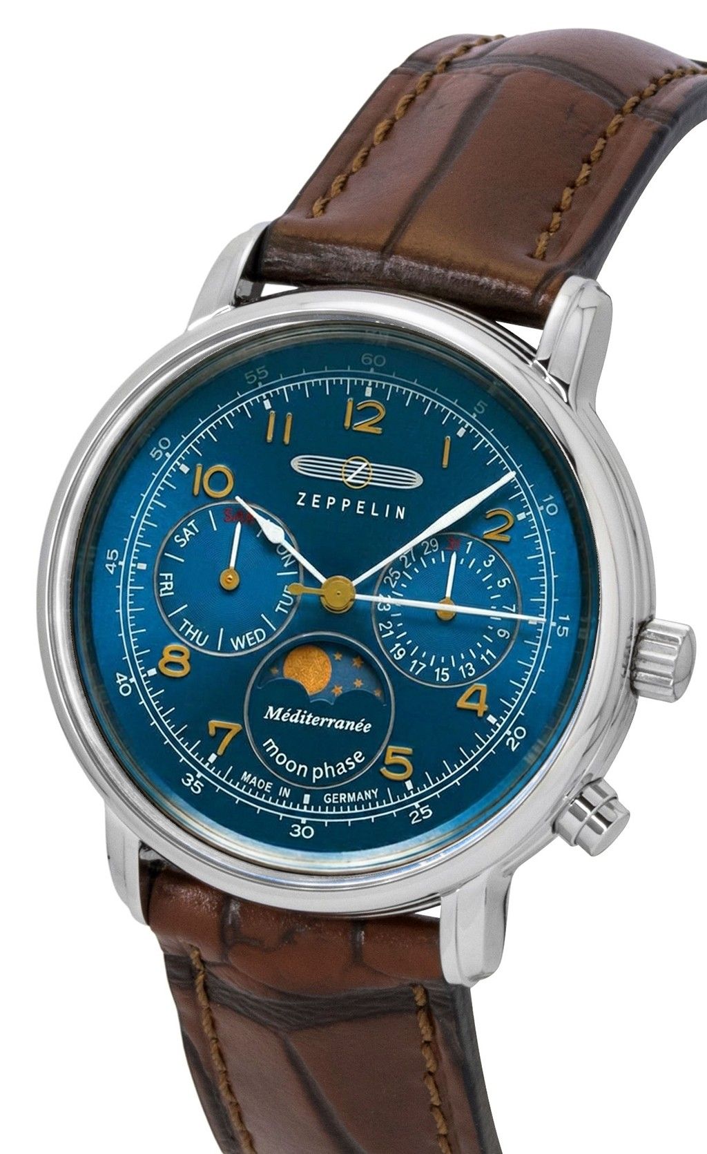 Zeppelin 100 Jahre Mediterranee Moonphase Lederarmband Blaues Zifferblatt Quarz 96373 Herrenuhr