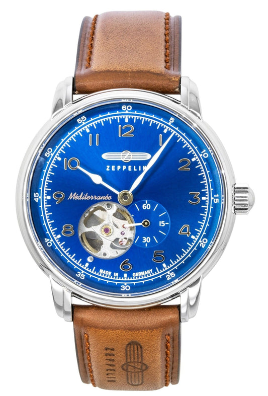 Zeppelin Mediterranee Lederarmband Open Heart Blaues Zifferblatt Automatik 96663 Herrenuhr