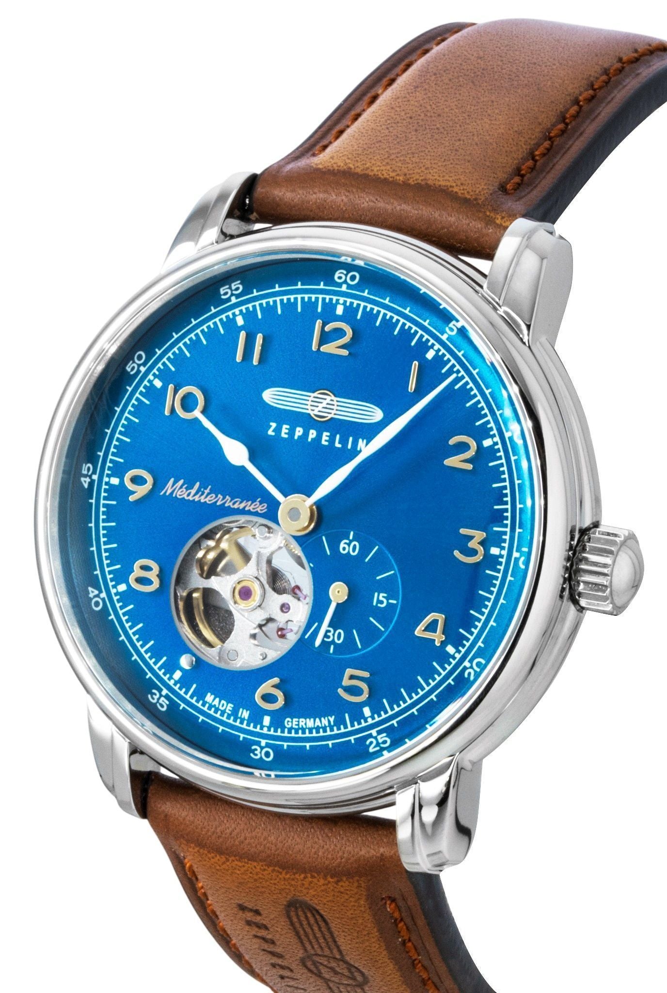 Zeppelin Mediterranee Lederarmband Open Heart Blaues Zifferblatt Automatik 96663 Herrenuhr