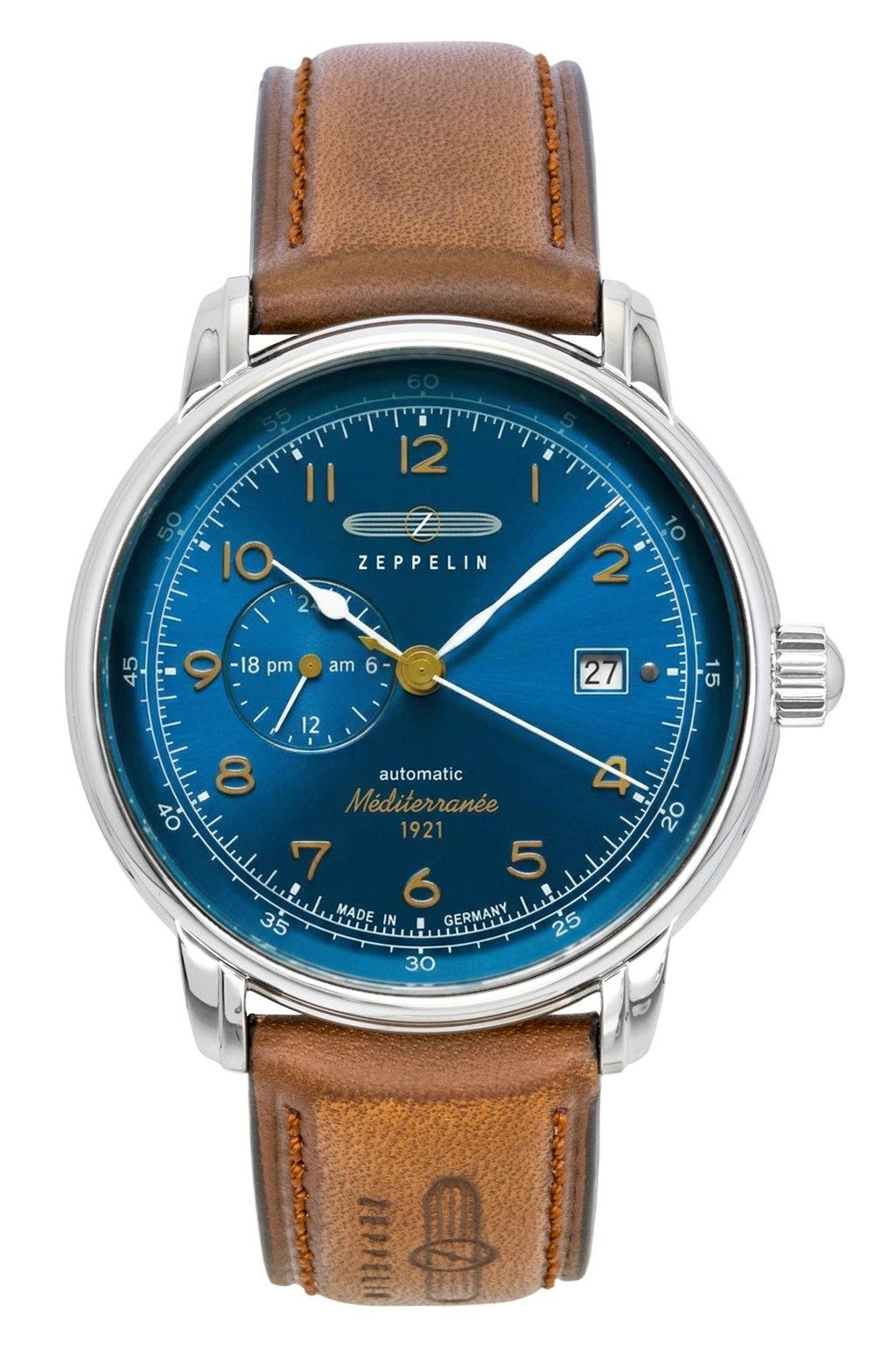 Zeppelin Mediterranee Lederarmband Blaues Zifferblatt Automatik 96683 Herrenuhr