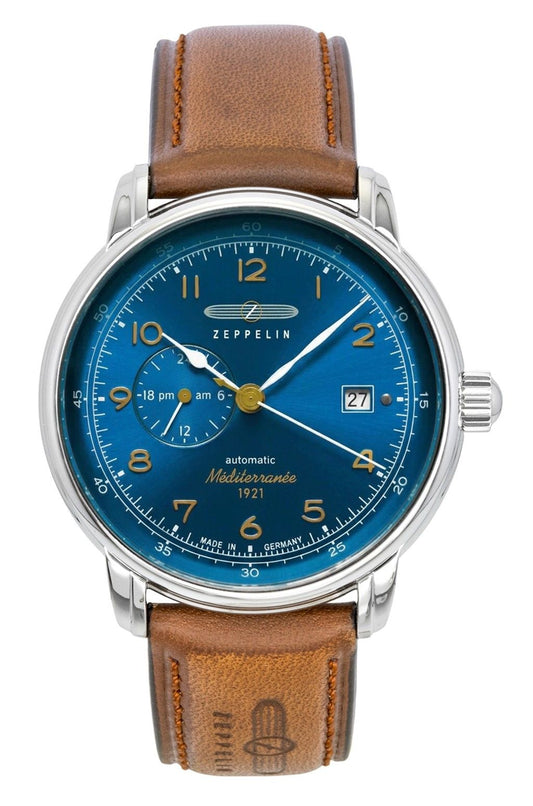 Zeppelin Mediterranee Lederarmband Blaues Zifferblatt Automatik 96683 Herrenuhr