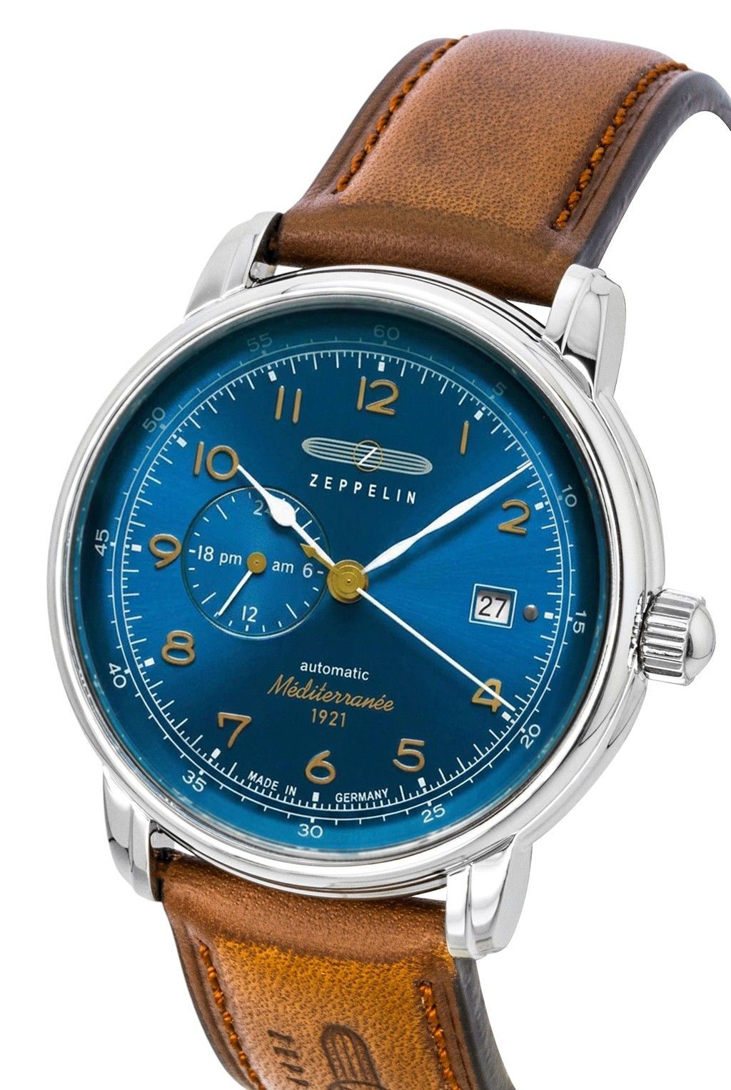 Zeppelin Mediterranee Lederarmband Blaues Zifferblatt Automatik 96683 Herrenuhr