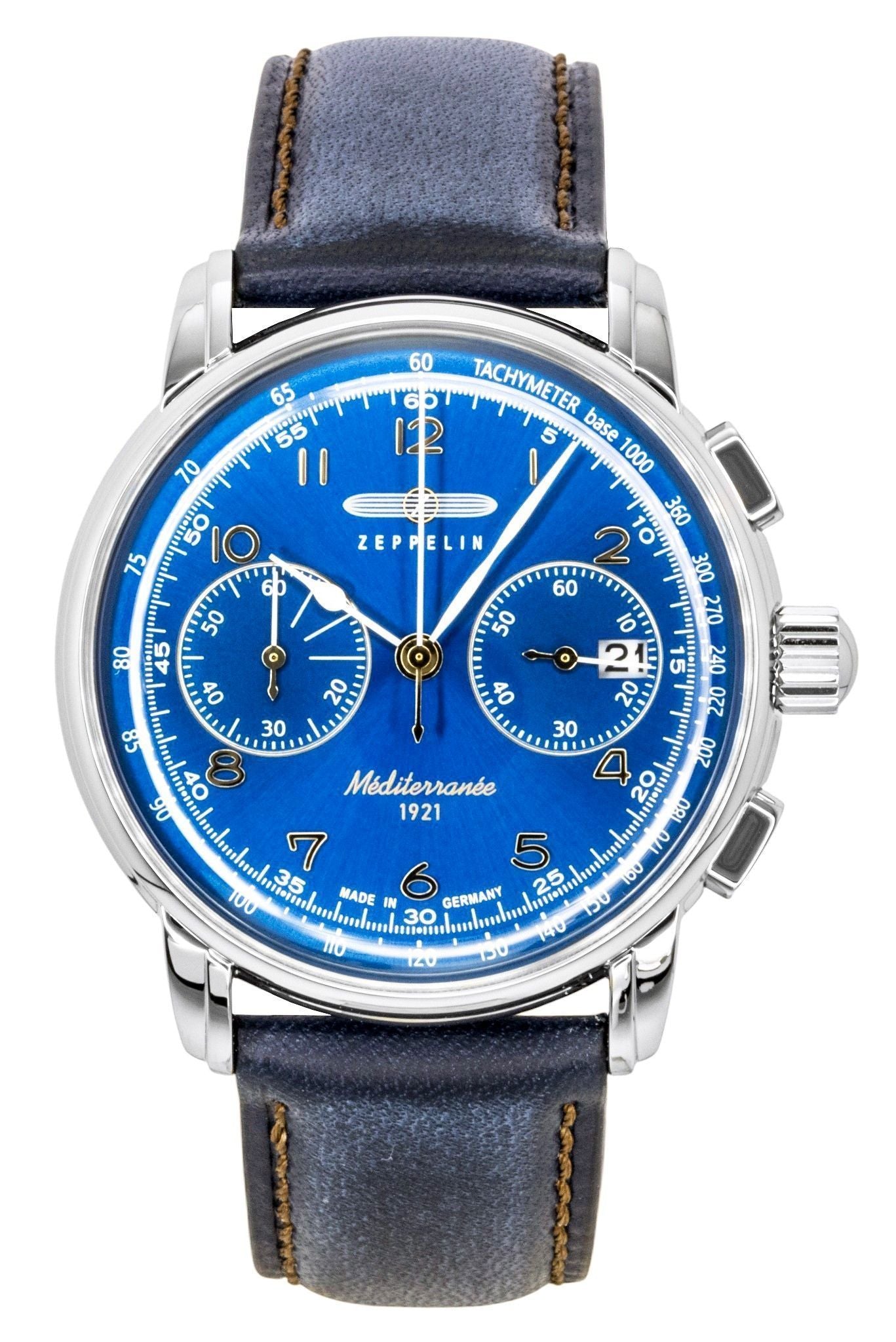 Zeppelin Mediterranee Chronograph Lederarmband Blaues Zifferblatt Quarz 96703 Herrenuhr