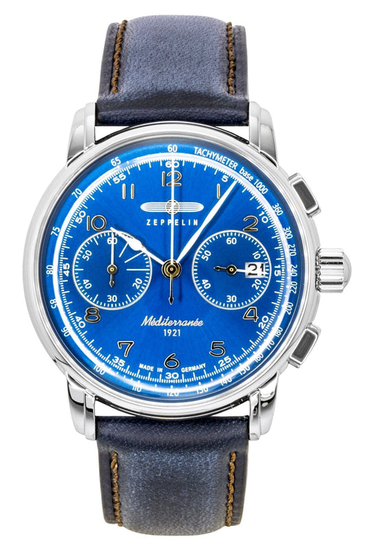 Zeppelin Mediterranee Chronograph Lederarmband Blaues Zifferblatt Quarz 96703 Herrenuhr