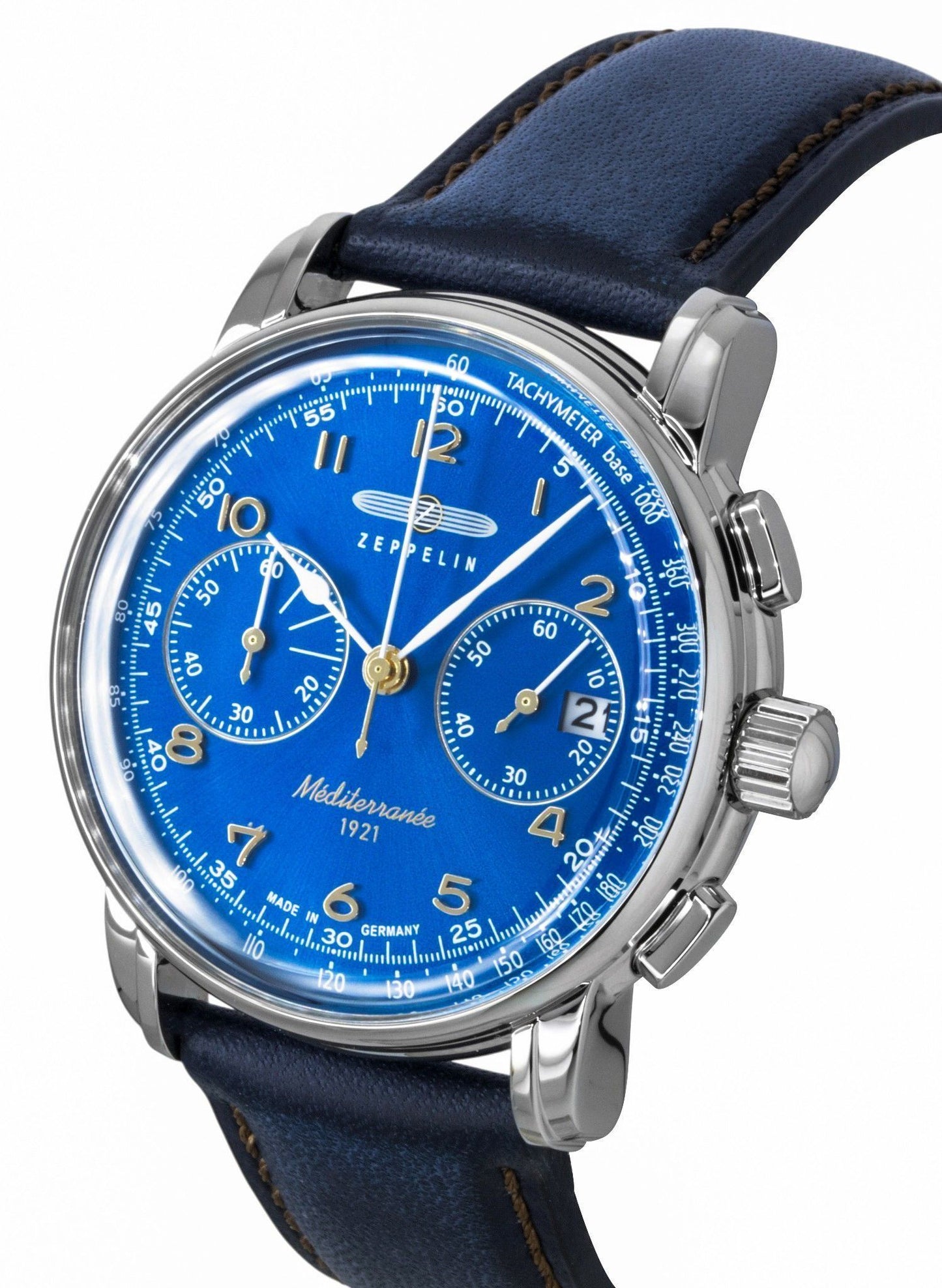 Zeppelin Mediterranee Chronograph Lederarmband Blaues Zifferblatt Quarz 96703 Herrenuhr