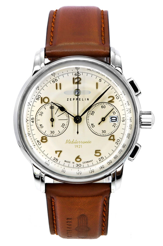 Zeppelin Mediterranee Chronograph Lederarmband Beige Dial Quarz 96705 Herrenuhr
