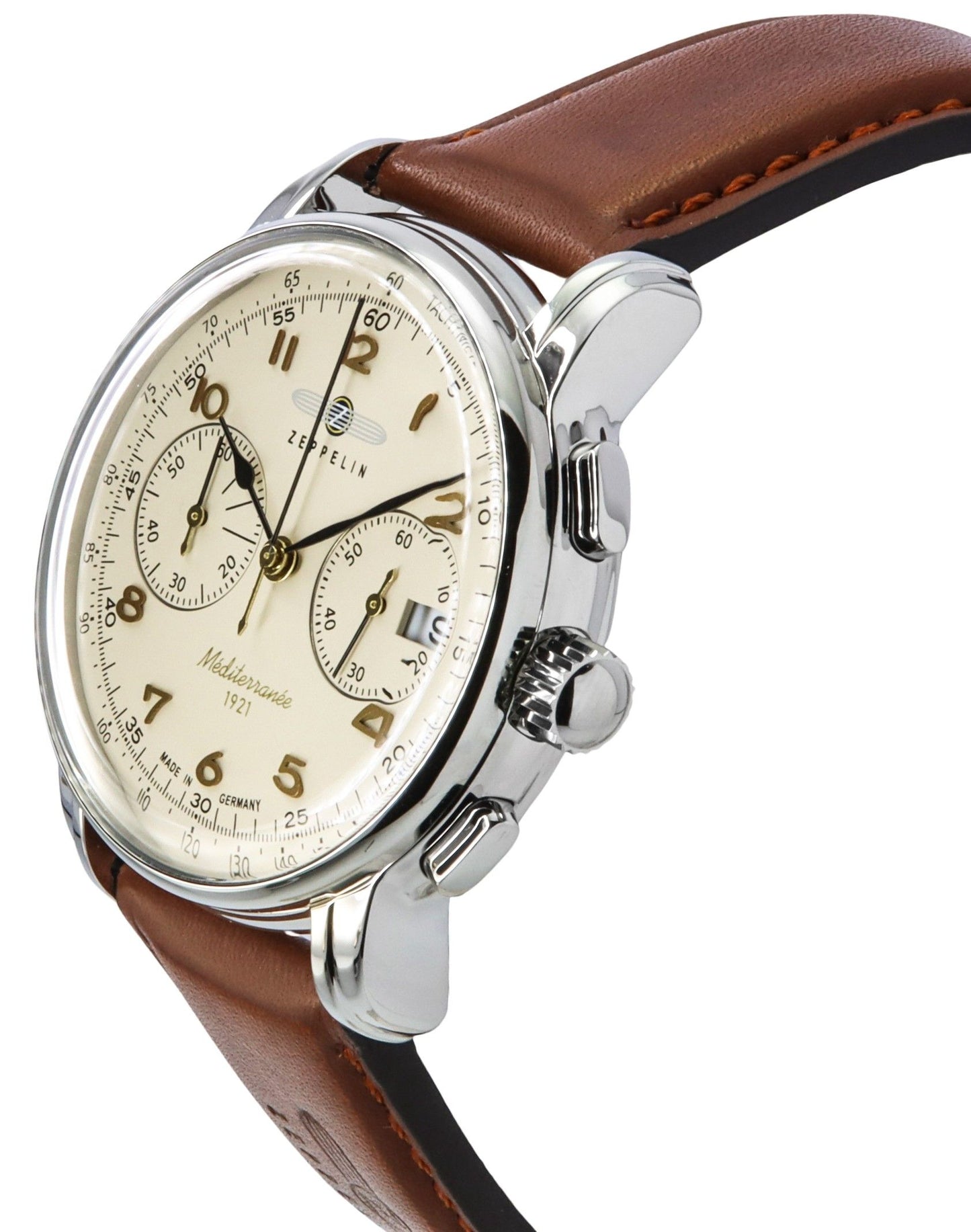 Zeppelin Mediterranee Chronograph Lederarmband Beige Dial Quarz 96705 Herrenuhr