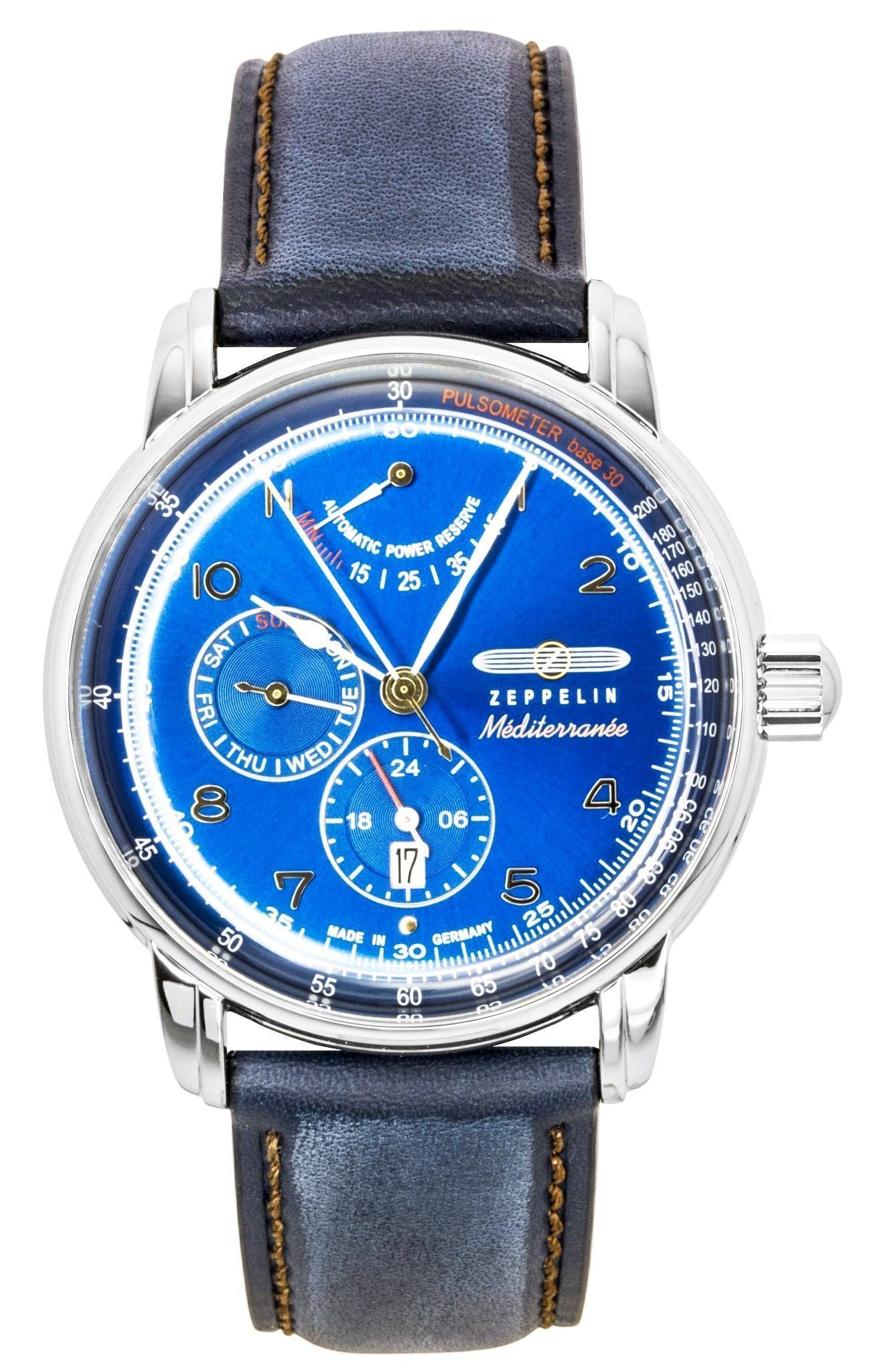 Zeppelin Mediterranee Lederarmband Blaues Zifferblatt Automatik 96903 Herrenuhr