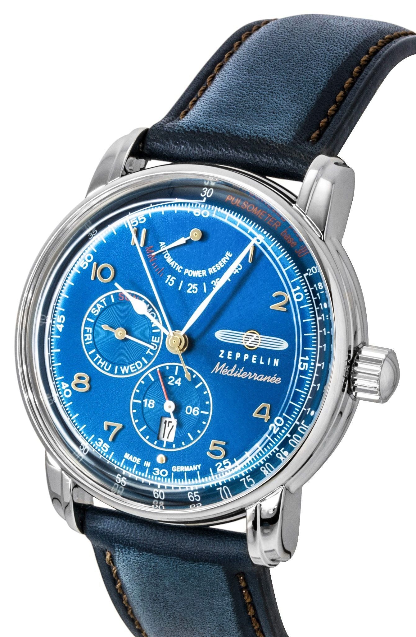 Zeppelin Mediterranee Lederarmband Blaues Zifferblatt Automatik 96903 Herrenuhr