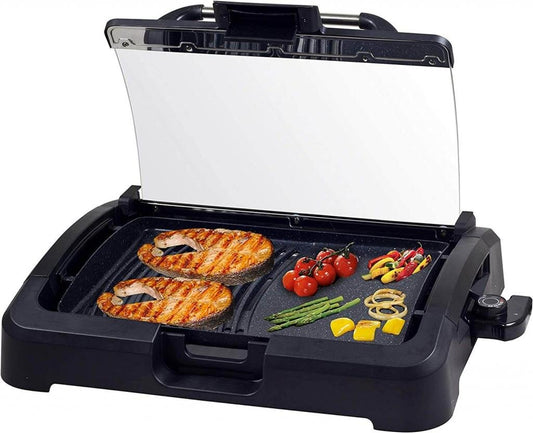 Beper 90.871 Elektrogrill mit Glasdeckel | beschichtete Grillplatte, Edelstahl, 2200 W, BBQ, 5 Temperaturstufen